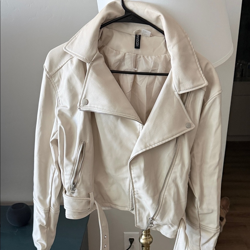 H&M Cream Faux Leather Moto Jacket with Asymmetrical Zip